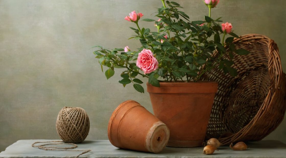 Pink roses in pots