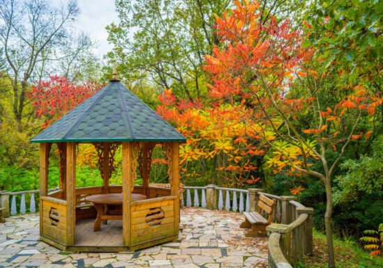 Fall leaves and trees, foliage, gazebo