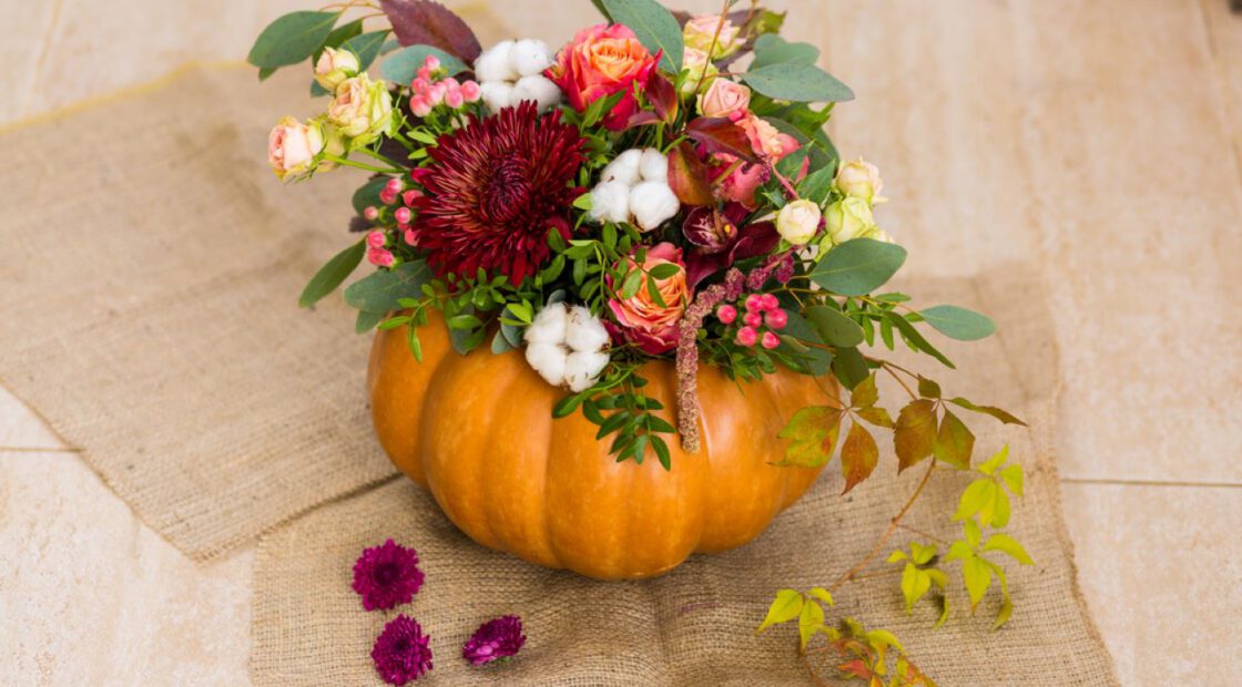 pumpkin planter, flowers