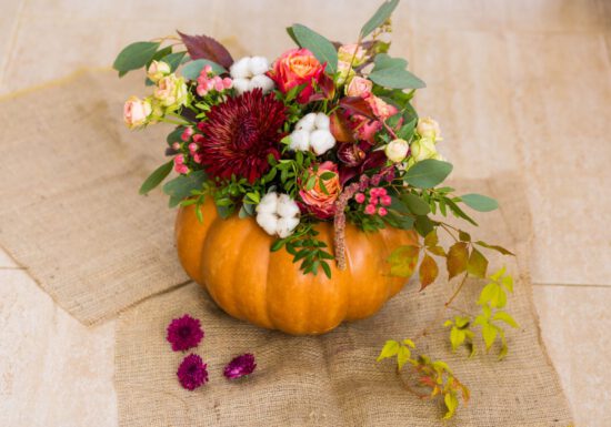 pumpkin planter, flowers