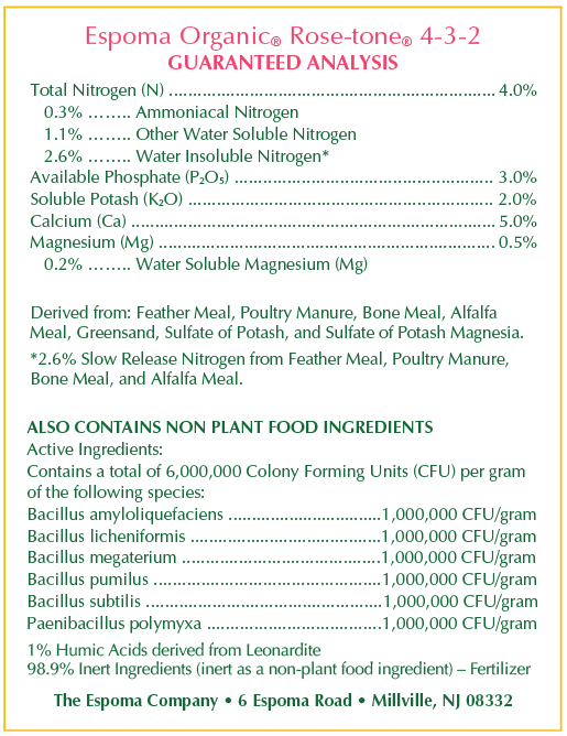 Espoma Rose-Tone Organic Rose Plant Food Ingredients