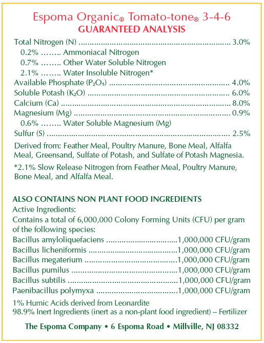 Espoma Tomato-Tone Organic Plant Food Ingredients