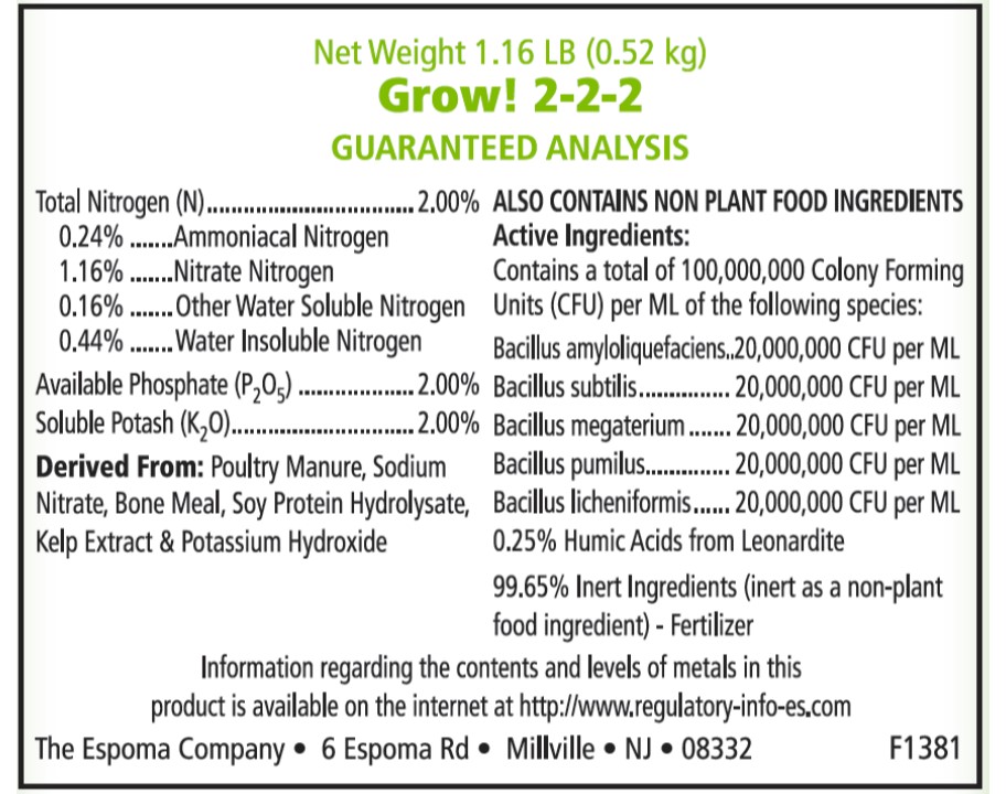 Espoma Grow! Organic All Purpose Plant Food Ingredients