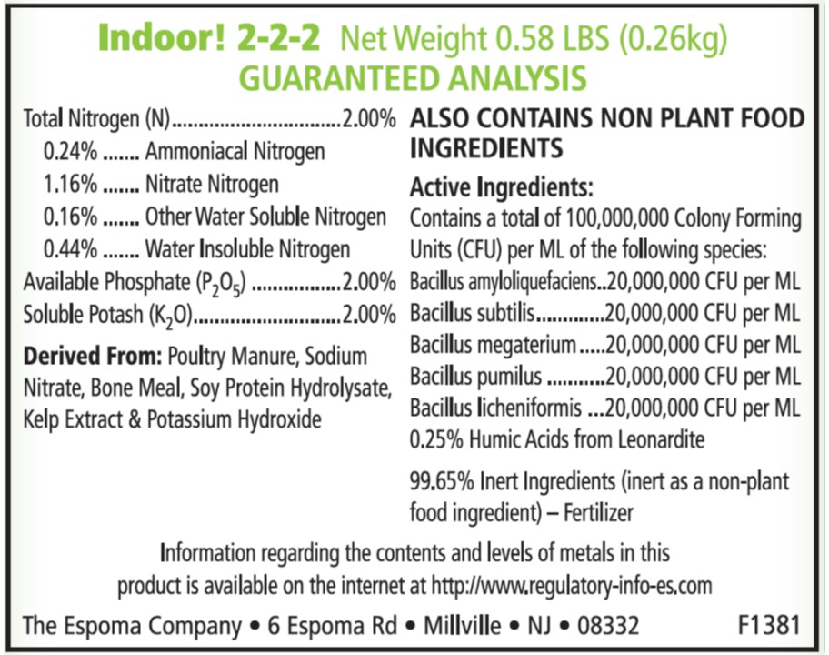 Espoma Indoor! Organic Houseplant Food Ingredients