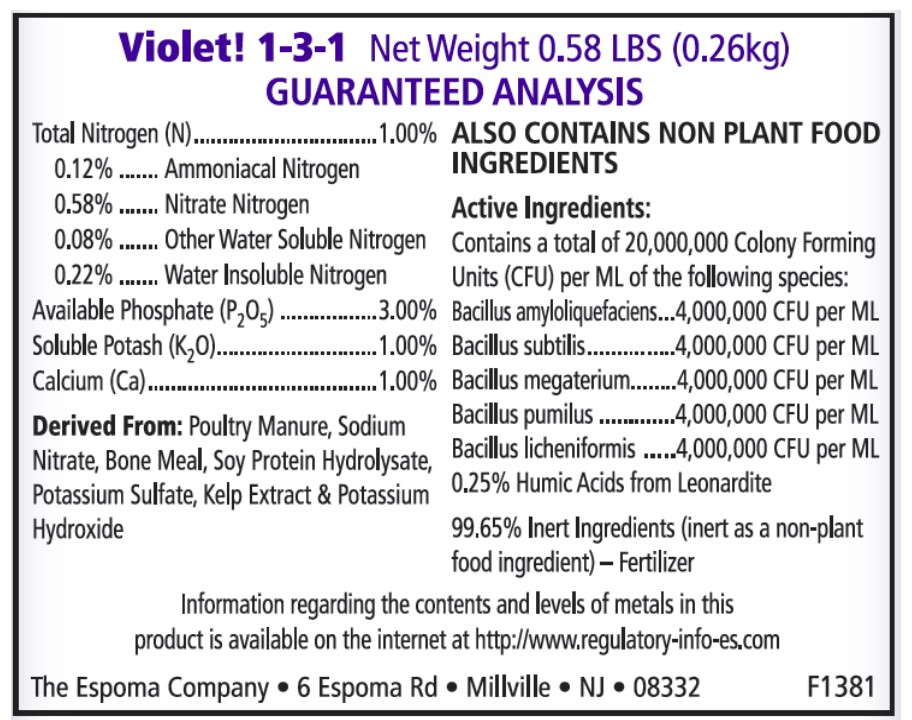 Espoma Violet! Liquid Plant Food Ingredients