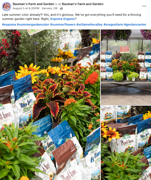 Espoma Organic Bio-tone Starter Plus alongside plants at a garden center